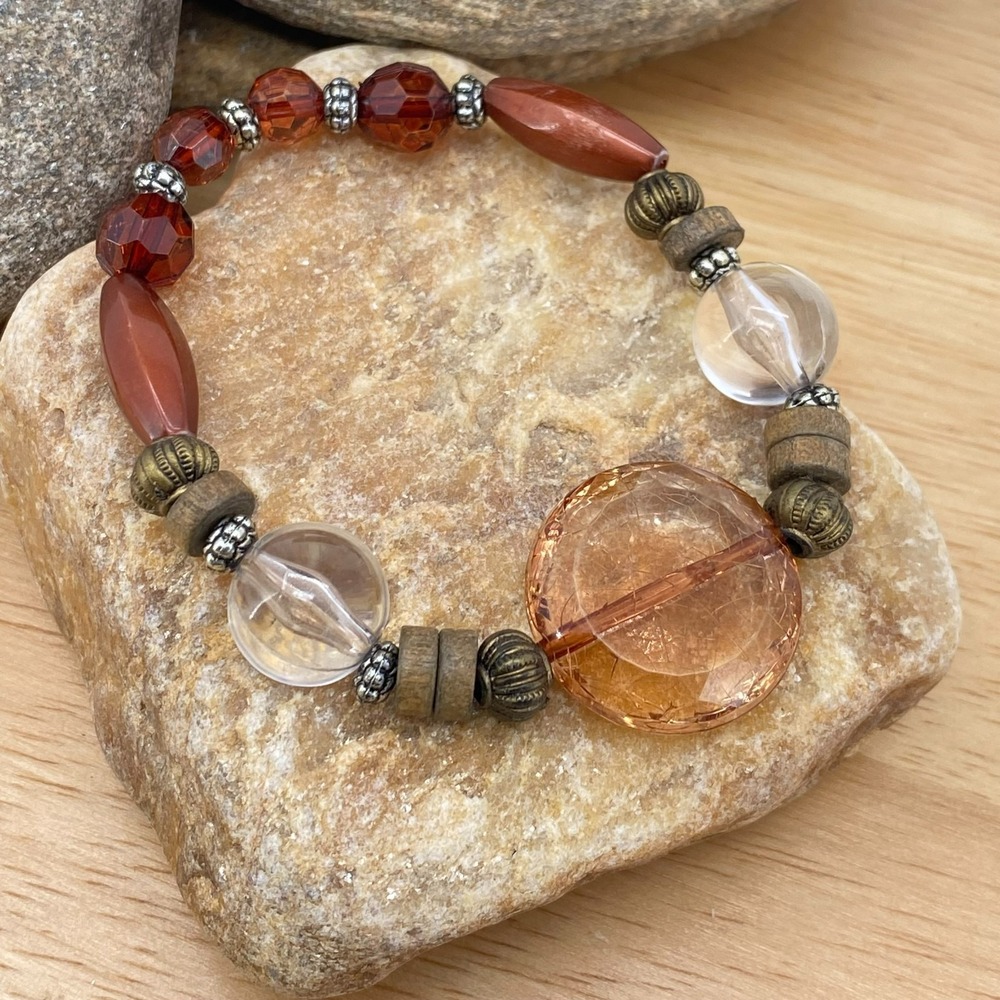Amber Gemstone Wood Bead Elastic Bracelet Bohemian Cluster Jewelry